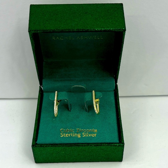 RACHEL ASHWELL, STERLING SILVER WITH CUBIC ZIRCONIA HOOP EARRINGS, GOLD COLOR - Picture 1 of 16